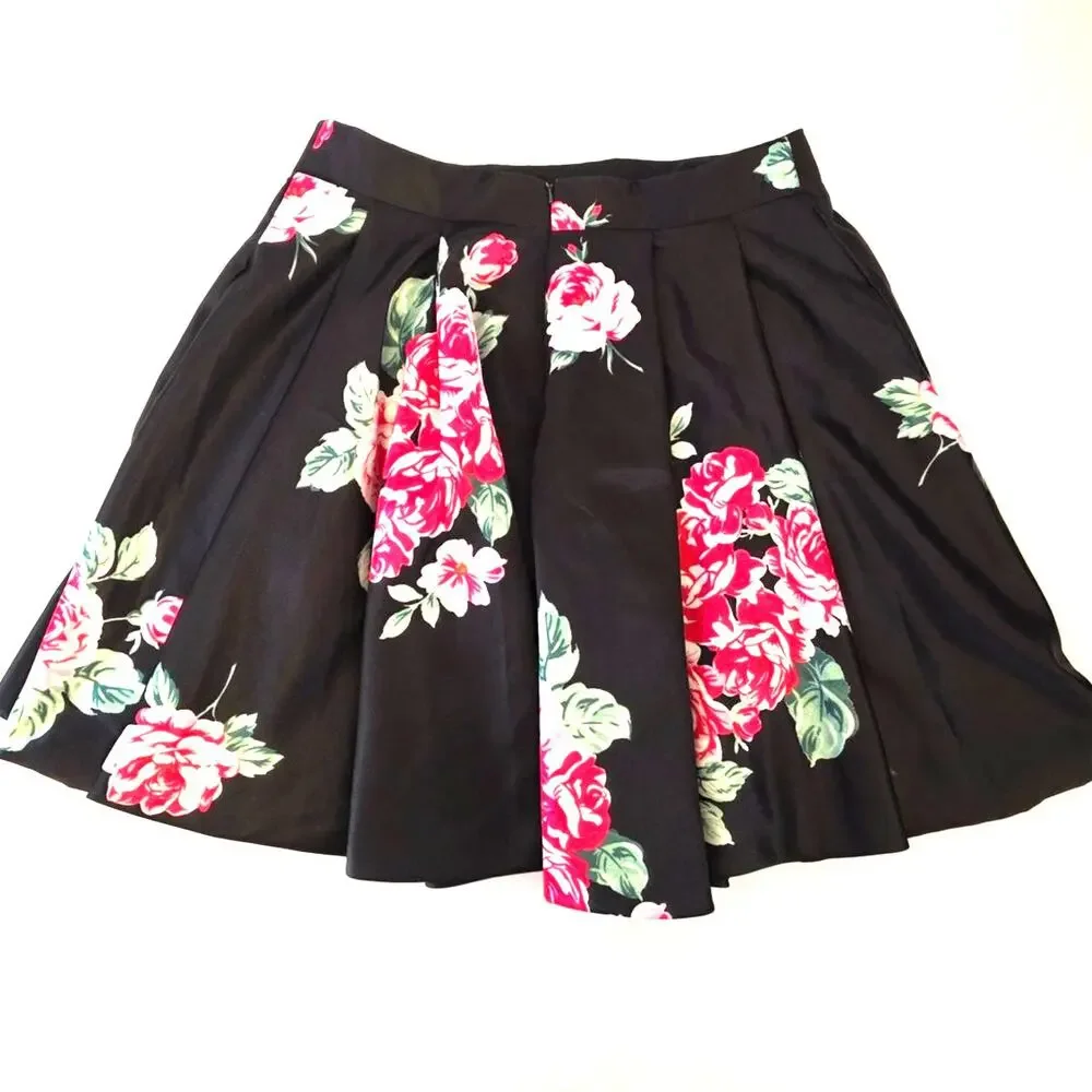 Black Pink Red Rose Silky Feel Mini Skater Skirt Pockets Fitted Waist Womens L